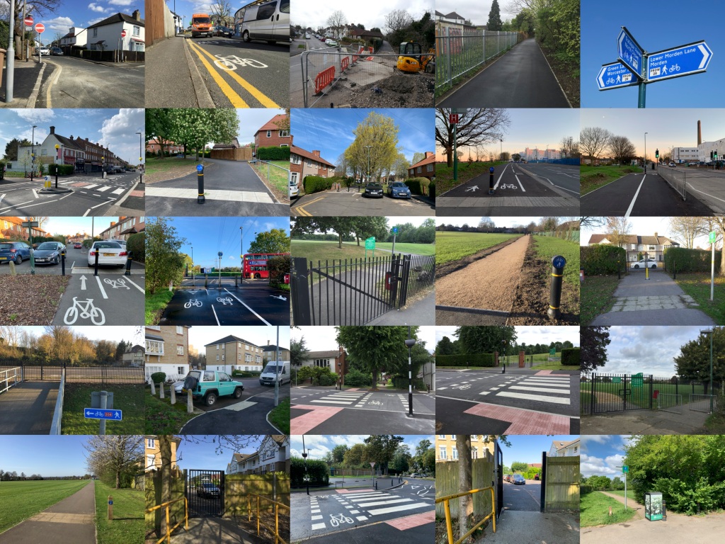 Twenty-five images. Starting top-left and top left: (1): Manor Lane (The Broadway), 25 March 2016; (2): Manor Lane (The Broadway), 25 March 2016; (3) Worcester Path footpath upgrade, 18 March 2015; (4) Worcester Path footpath upgrade, 16 April 2015; (5) Worcester Path footpath upgrade, 14 April 2018; (6) Wrythe Lane, 12 April 2020; (7) Newstead Walk, 3 May 2020; (8) Newstead Walk, 18 April 2020; (9) Wrythe Lane, 25 December 2020; (10) Wrythe Lane, 25 December 2020; (11) Newstead Walk, 26 February 2022; (12) Rosehill Park East / Wrythe Lane, 31 October 2022; (13) Reigate Avenue / Rosehill Park West, 7 August 2015; (14) Cheam Recreation Ground, 18 February 2016; (15) Reigate Avenue recreation Ground / Forest Road, 29 November 2016; (16) Reigate Avenue Recreation Ground / Reigate Avenue, 29 November 2016; (17) Chipstead Close (Overton Park), 17 January 2017; (18) Ruskin Road, 12 June 2017; (19) Ruskin Road / Carshalton Park, 12 June 2017; (20) Sutton Common Park, 21 September 2017; (21) Overton Park, 18 April 2018; (22) Overton Park / Moore Way, 18 April 2018; (23) Chiltern Road, 18 August 2019; (24) Overton Park / Moore Way, 1 June 2020; (25) Rosehill Park West, 27 October 2022.